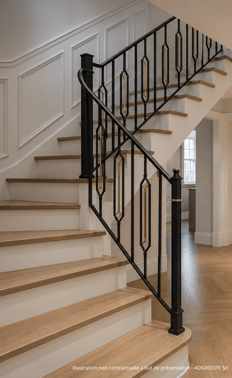 Garde-corps en fer forgé le long d'un escalier en bois