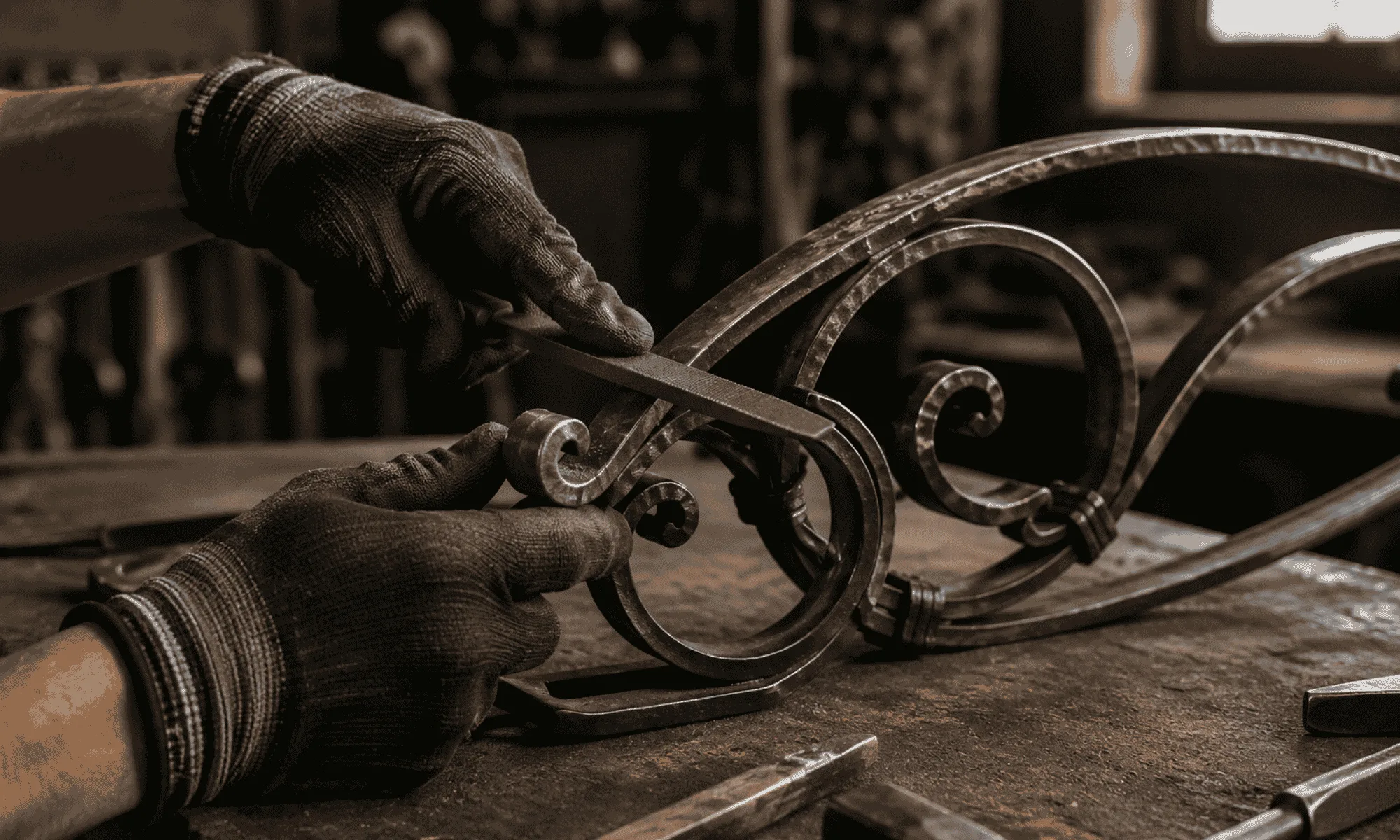 Mains d'un artisan ferronnier travaillant le fer forgé