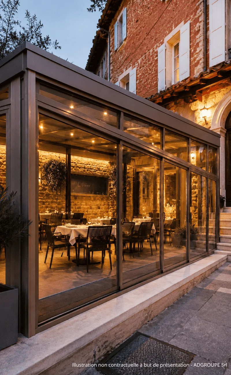 Extension vitrée aménagée pour un restaurant